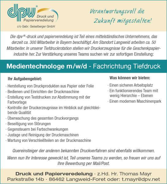 Medientechnologe im Tiefdruck gesucht